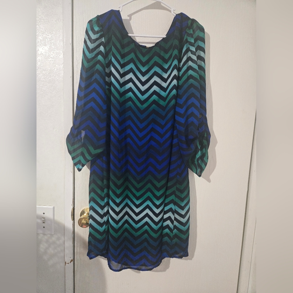 1X Speechless Blue And Green Chevron Stripe Dress. Fold Up Sleeves